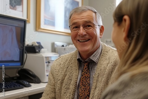 Happy male doctor consulting senior woman, friendly professional physician talking to elderly woman signing medical paper during appointment visit in, Generative AI