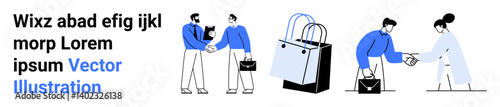 Shoppers exchanging bags, carrying shopping totes and trolley bags. Ideal for retail, commerce, e-commerce, teamwork, partnership, consumerism promotions. Perfect flat landing page banner