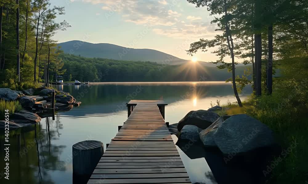 Sunrise glow over a wooden dock on a calm lake with misty mountains and golden reflections creates a peaceful, dreamy nature scene.
