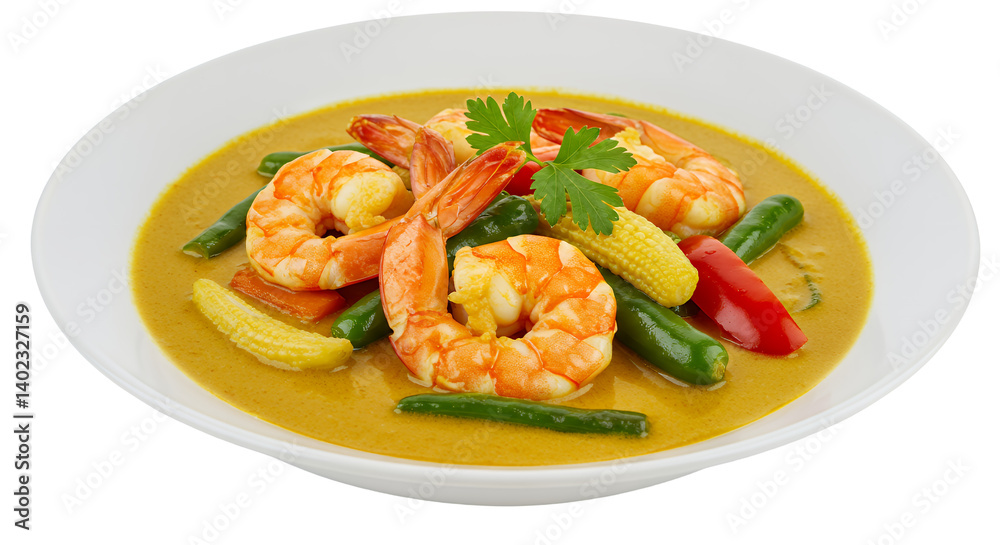 Appetizing Shrimp Curry with Vibrant Vegetables in White Bowl Appetizing Shrimp Curry with Vibrant Vegetables in White Bowl