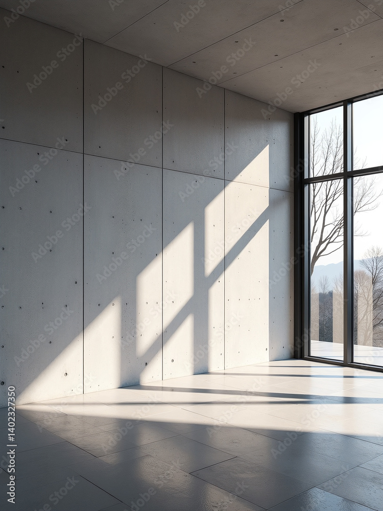 Fototapeta premium Contemporary Space Features A Large Concrete Wall Alongside Intricate Light Patterns That Create A Visually Striking Atmosphere.