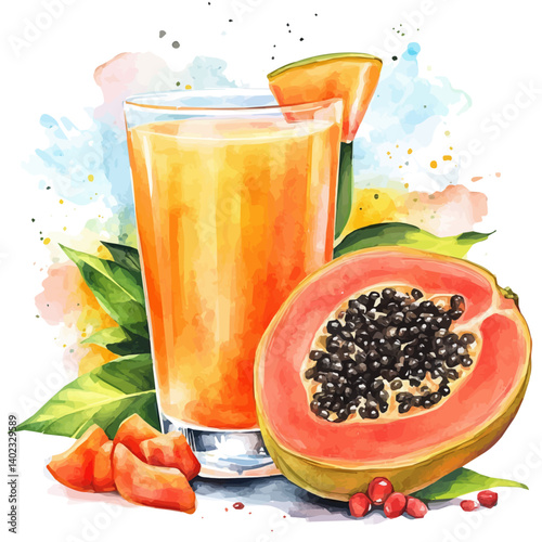 illustration of Papaya Juice With A Tropical Backdrop, watercolor vector, isolated on a white background.