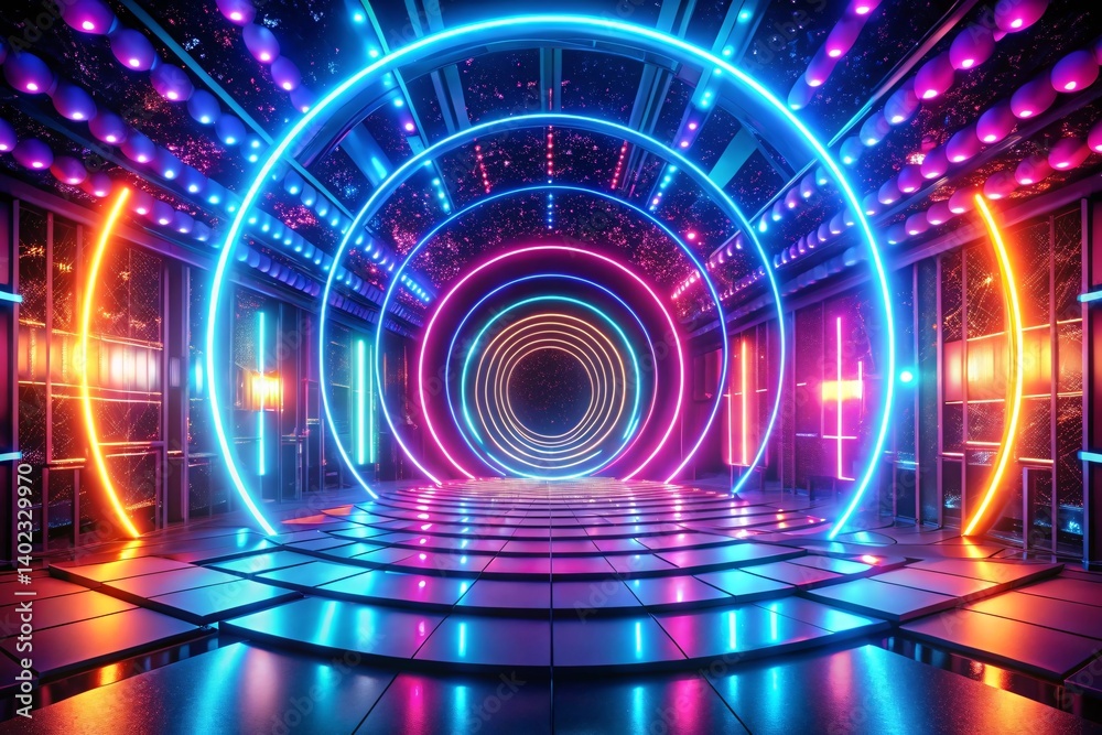 Obraz premium Neon Lights Tunnel Futuristic Cyberpunk Stage Design