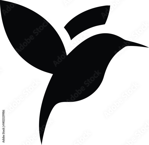 Bold black hummingbird icon with abstract leaf-like wings and teardrop tail design