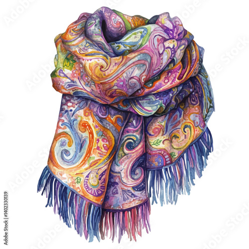 watercolor of Paisley-print Scarf With Fringed Edges, vector, isolated on a white background.