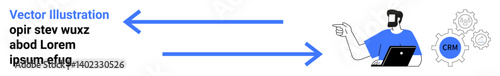 Professional analyzing data with CRM system. Two blue directional arrows, data text, and gear icon. Ideal for CRM setup, data transfer, automation, business strategy, tech use workforce training
