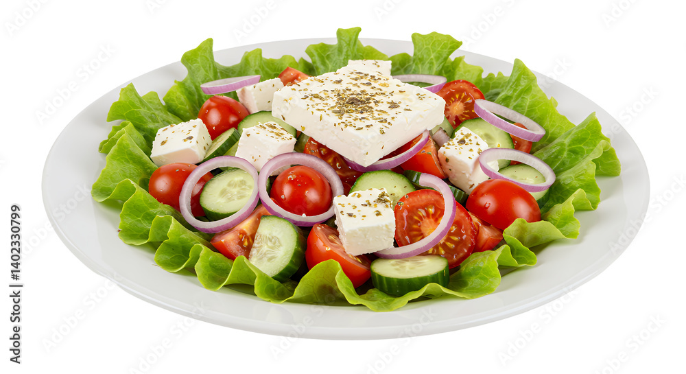 Delicious Greek Salad with Feta and Vegetables on White Plate Delicious Greek Salad with Feta and Vegetables on White Plate