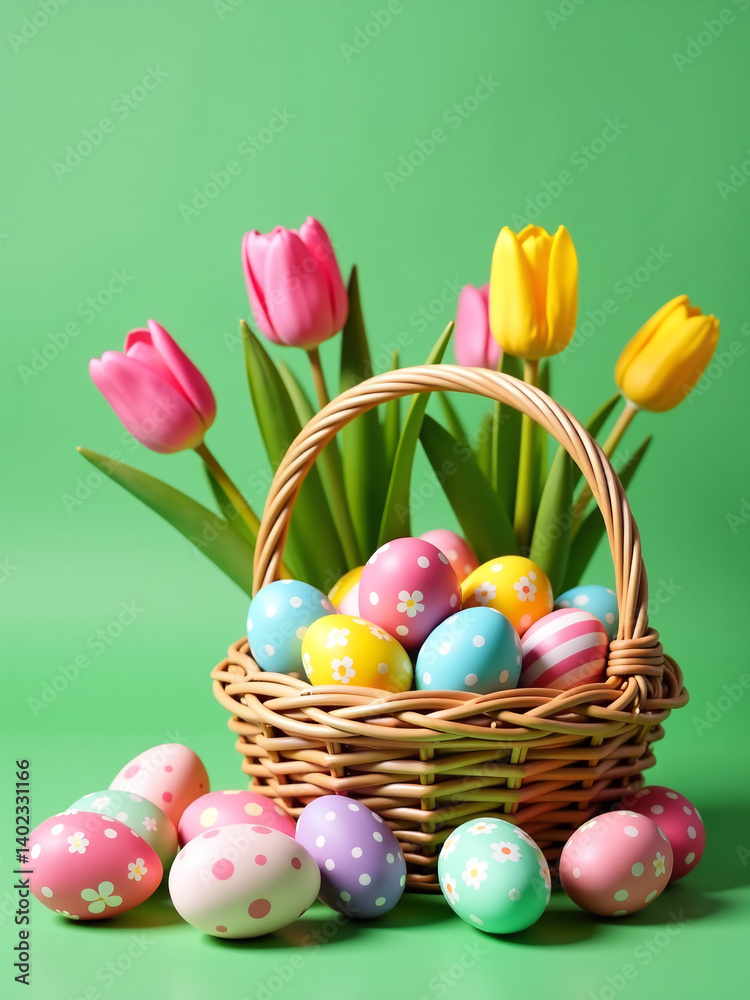 Decorated Easter Eggs Spill From A Basket Amidst Pink And Yellow Tulips On A Vibrant Green Background, Creating A Cheerful Scene. Decorated Easter Eggs Spill From A Basket Amidst Pink And Yellow Tulips On A Vibrant Green Background, Creating A Cheerful Scene.
