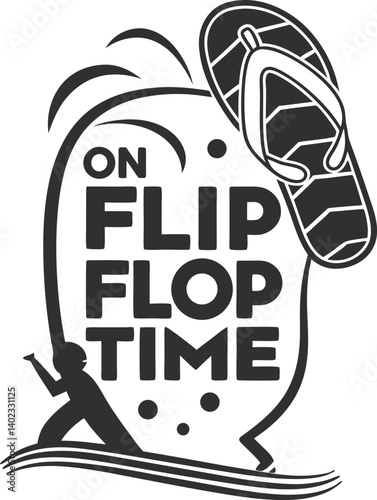 Flip Flop Time: Embracing the carefree vibes of summer with a silhouette of a person enjoying a day at the beach, set against a refreshing wave graphic and accented by a stylish flip-flop. 