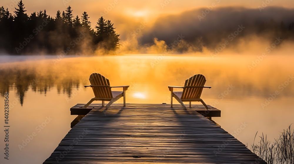 Fototapeta premium Serene sunrise over a misty lake with two chairs on a wooden dock surrounded by trees