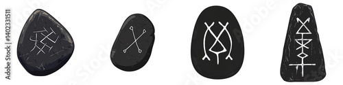 Set of runes stone magic black collor flat icon isolated on transparent background