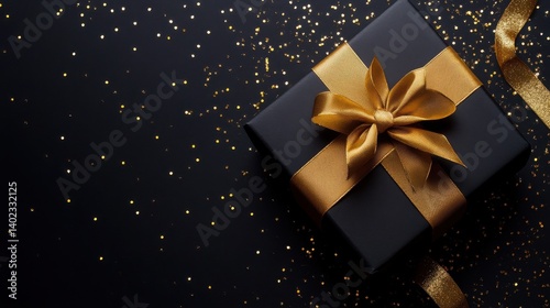 A black gift box with a golden ribbon.