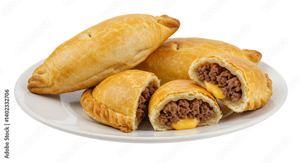 Golden Brown Savory Meat and Cheese Pastries on White Plate Golden Brown Savory Meat and Cheese Pastries on White Plate