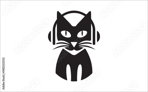 Cool Cat Silhouette with Headphones – Music DJ Pet Vector Art