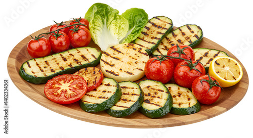 Grilled Vegetables on Wooden Platter:  Zucchini, Tomatoes, and Lemon