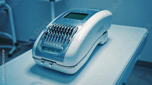Close up of advanced, modern medical device on a white table in a clean, sterile-looking, bright and medical environment.