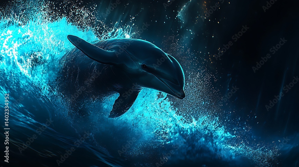 Naklejka premium Bioluminescent Dolphin Leaping from Ocean Waves at Night