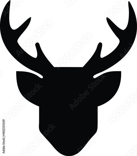 A graphic-style stag head with abstract negative space, sharply rendered in black with light illuminating only its outline against a greenish-gray tone