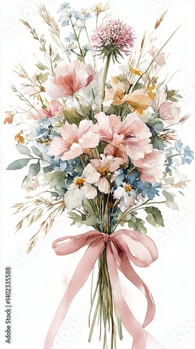 Delicate field flowers in pink and blue tones. 핑크와 블루 톤 들꽃이 조화로운 감성 수채화 꽃다발입니다.