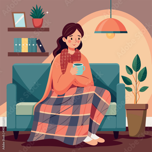 Vector illustration of a girl sitting on a sofa, wrapped in a blanket and holding a cup with a hot drink