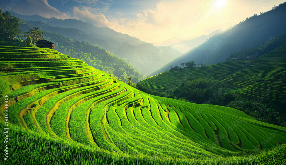 Rice field in full greenery under blue sky, symbolizing traditional farming. Rice field in full greenery under blue sky, symbolizing traditional farming.