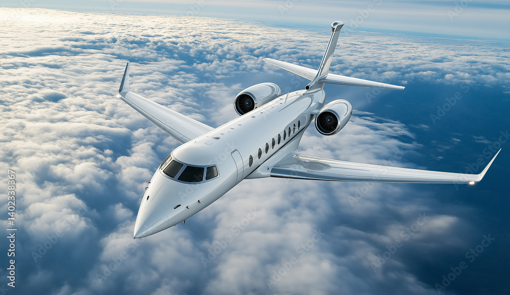 Obraz premium Plane flying in blue sky above white clouds, representing air travel and adventure.