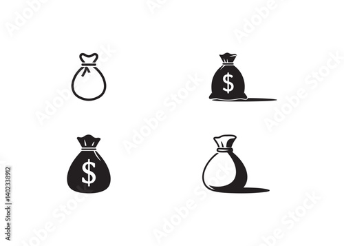 Simple Black and White Money Bag Icons Set