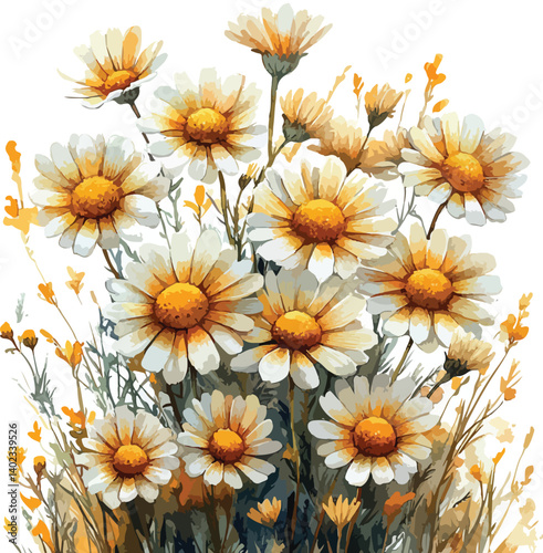 Bright yellow daisies and sunflowers bloom in a colorful floral pattern, bringing  garden beauty to nature's field
