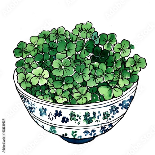 A Bowl of Fresh Clover Leaves, Watercolor Illustration.