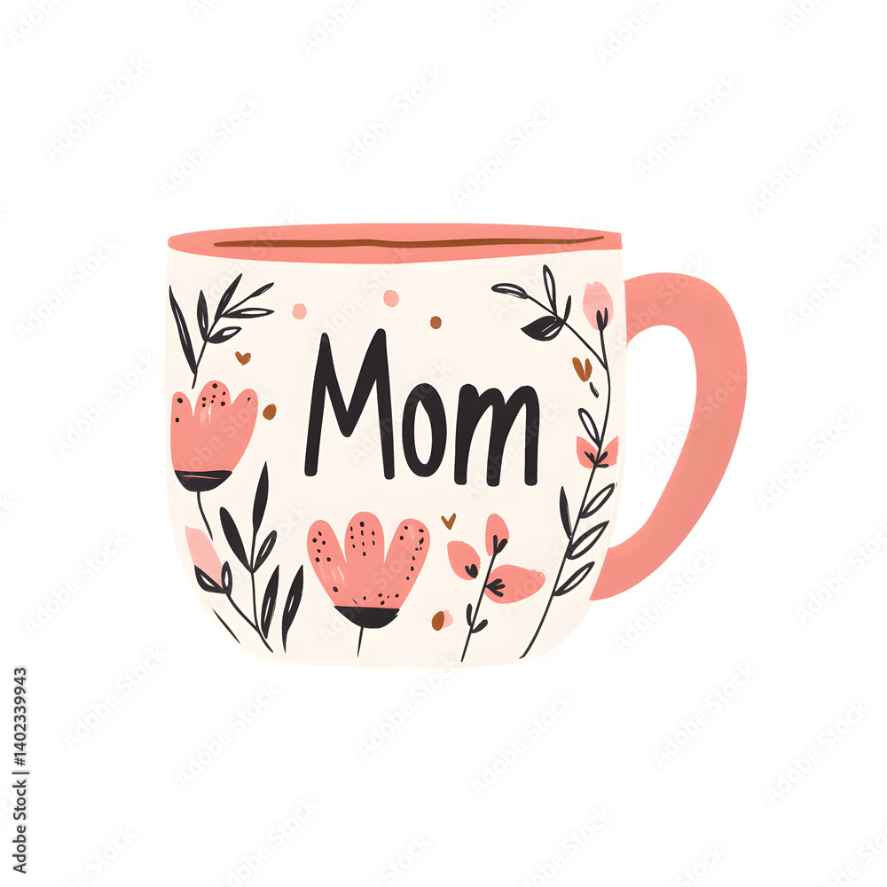 flat vector tea mug with pink flowers and flat vector tea mug with pink flowers and