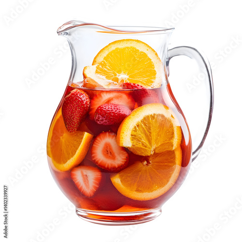 A pitcher of fruit punch with orange and strawberry slices, isolated on a transparent background.