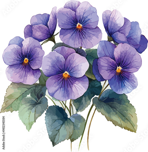 Isolated violet and blue viola flowers bloom with purple petals, showcasing floral beauty against white