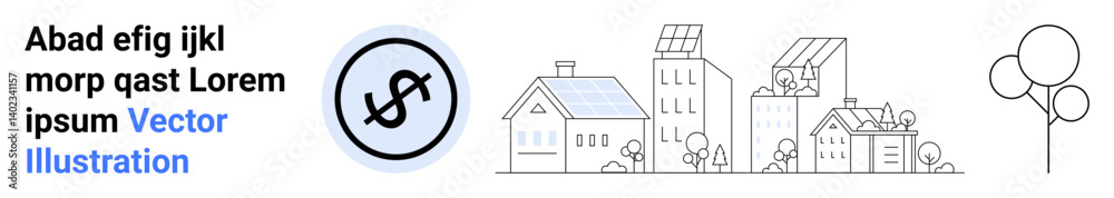 Multiple eco-friendly homes with solar panels, trees, and financial growth symbol. Ideal for sustainability, eco-living, renewable energy, clean technology, housing development, finance simple Multiple eco-friendly homes with solar panels, trees, and financial growth symbol. Ideal for sustainability, eco-living, renewable energy, clean technology, housing development, finance simple
