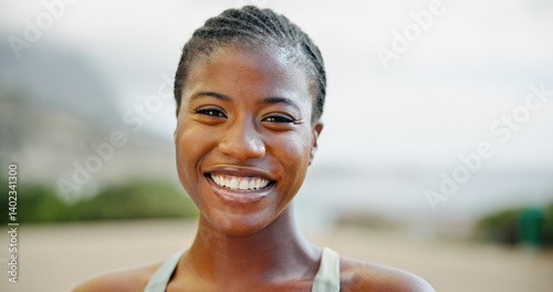 Obraz na płótnie Portrait, outdoor and black woman with smile, fitness and challenge with exercise, progress and confidence. African person, face and runner in street, training for marathon and practice with wellness w salonie