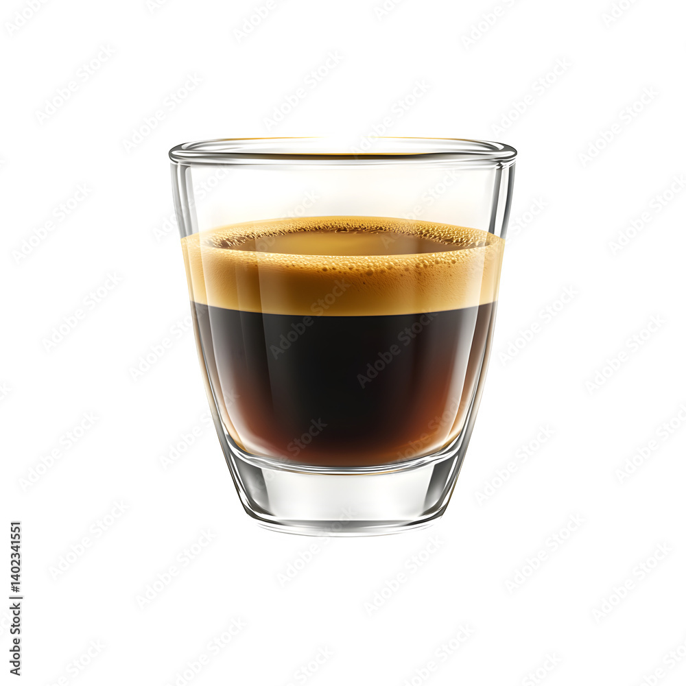 A realistic shot of espresso in a small glass cup, isolated on a transparent background. A realistic shot of espresso in a small glass cup, isolated on a transparent background.