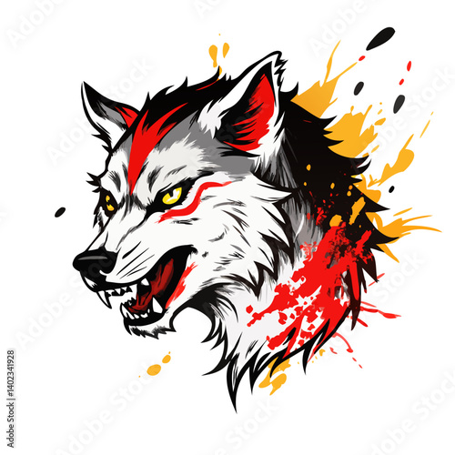 Angry Wolf Head Art – Fierce Wild Animal Illustration with Red and Yellow Splatter