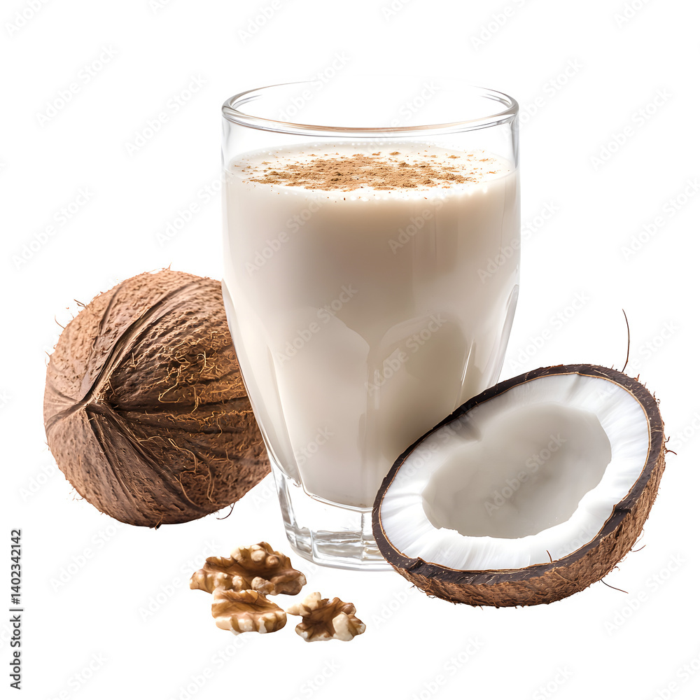 A refreshing coconut milk drink with a dash of nutmeg, isolated on a transparent background.