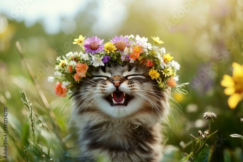 Early sunshine. Summertime happiness. Cute baby cat norwegian forest wearing feral flower circlet on its head. Carefree kitten with flower accessories. Sunny outdoor happiness for cats.