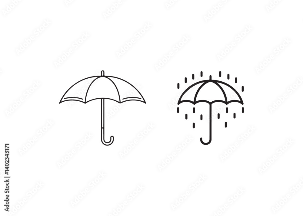 Simple black line art of an umbrella, rain, and protection. Simple black line art of an umbrella, rain, and protection.
