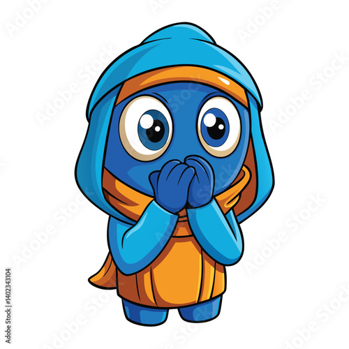 Cute, surprised, blue creature with a hood and orange scarf