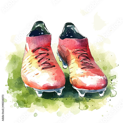 watercolor of Pair Of Soccer Cleats On A Football Field, vector, isolated on a white background.
