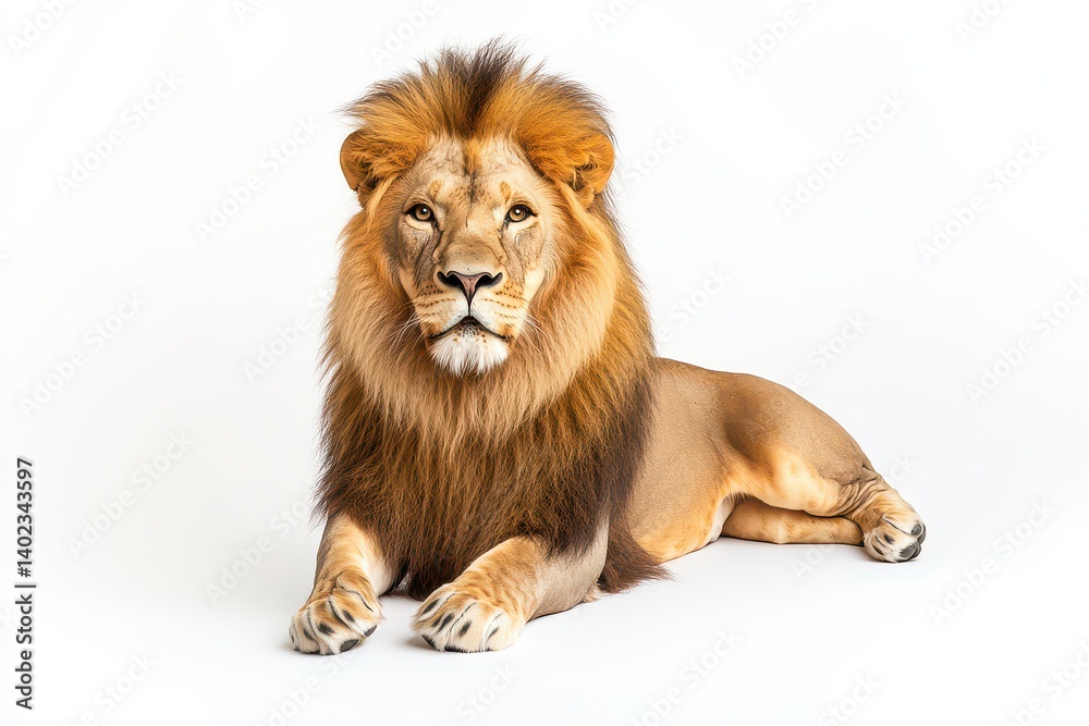 Obraz premium Majestic lion resting on a white background, showcasing its powerful presence and detailed mane