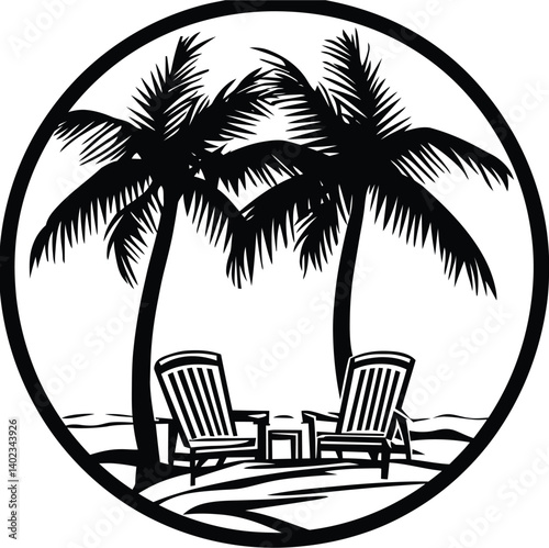 Beach scene with palm trees and lounge chairs