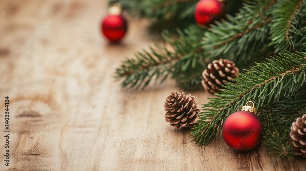 A festive arrangement of pine branches and red ornaments evokes the spirit of Christmas. The warm wooden background adds a cozy touch. A festive arrangement of pine branches and red ornaments evokes the spirit of Christmas. The warm wooden background adds a cozy touch.