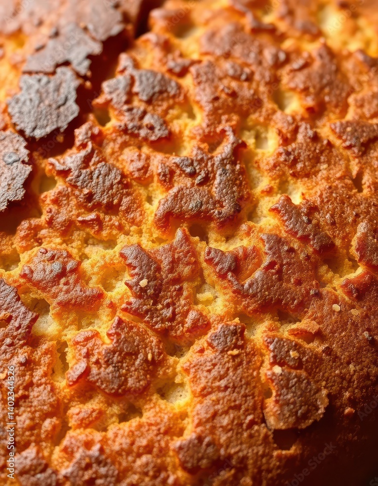 Charred bread surface, deep brown tones, irregular texture, crispy edges, kitchen, detail Charred bread surface, deep brown tones, irregular texture, crispy edges, kitchen, detail