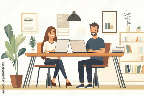 Portrait of success business people working together in home office. Couple teamwork startup concept, Generative AI