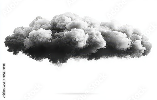 A dramatic black cloud floats against a white background, symbolizing mood, weather, and environmental challenges. Isolate on white background, copy space, 300 dpi, commercial use