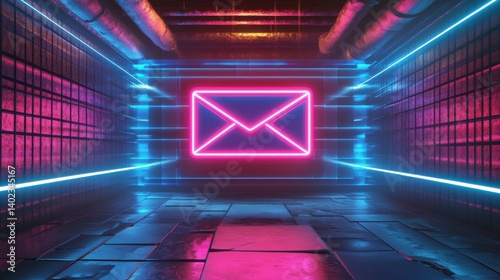 A futuristic office inbox concept with a glowing contact us email button illustration