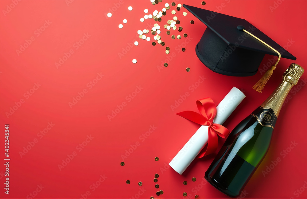 Graduation Celebration Theme Features A Diploma, Graduation Cap, Champagne Bottle, And Festive Confetti On A Bold Red Background.