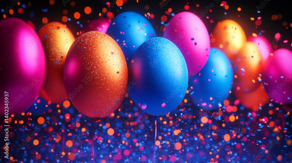 Vibrant colorful balloons and confetti create a festive celebration.